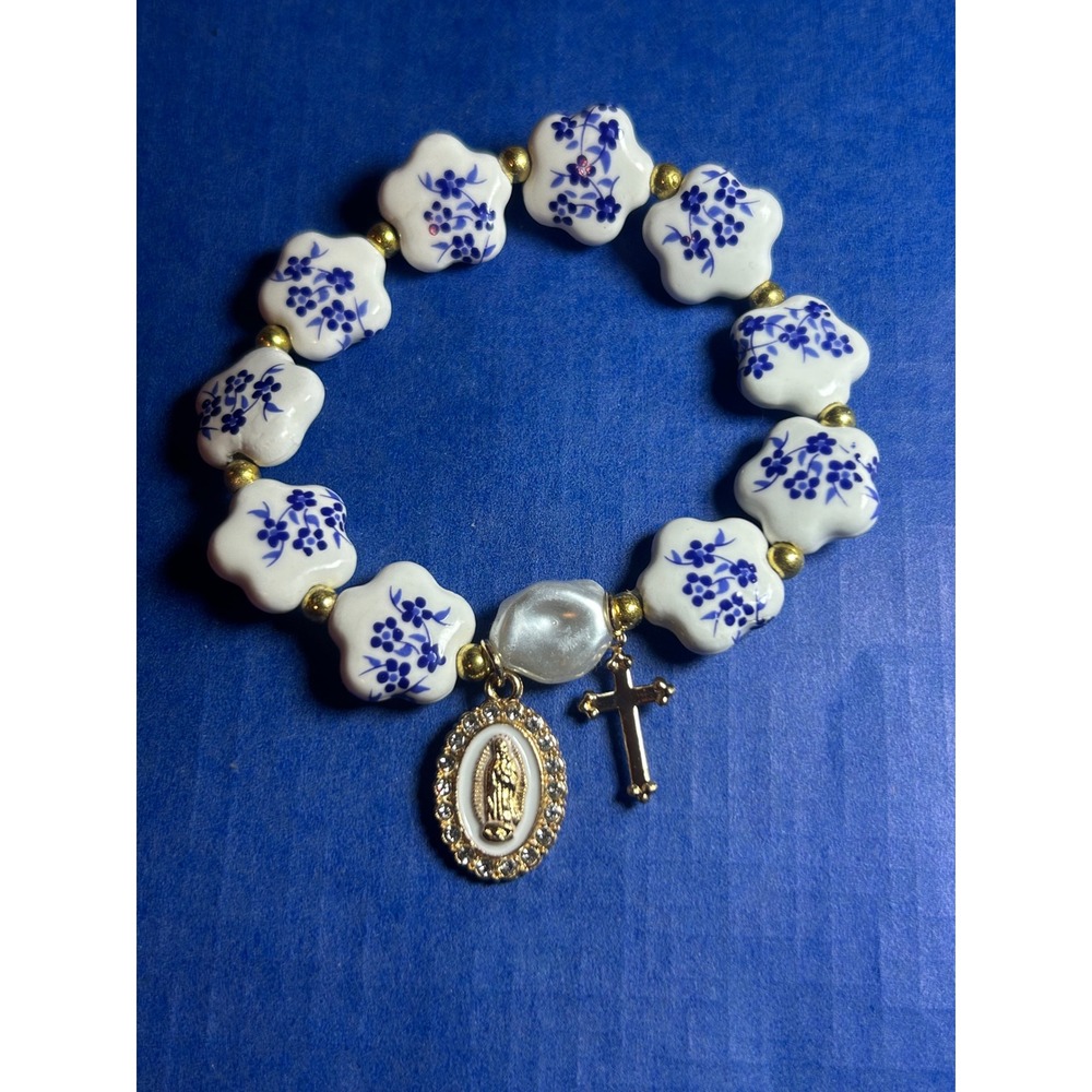 Blue White Floral Ceramic Bead Bracelet Our Lady of Guadalupe Cross Charm Pearl